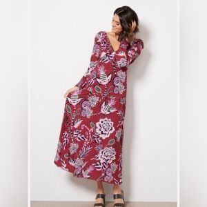 NEW! Farm Rio pineapple‎ Inspiration Burgundy V-Neck Maxi Dress Sz L Boho Floral